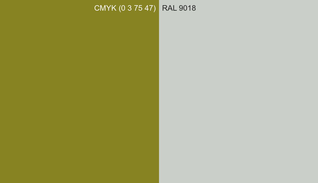 CMYK Color CMYK (0 3 75 47) vs RAL 9018 side by side comparison CMYK Color CMYK (0 3 75 47) vs RAL 9018 side by side comparison