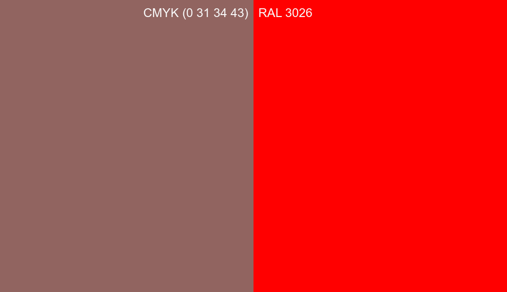 CMYK Color CMYK (0 31 34 43) vs RAL 3026 side by side comparison CMYK Color CMYK (0 31 34 43) vs RAL 3026 side by side comparison