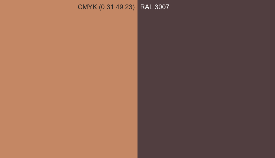 CMYK Color CMYK (0 31 49 23) vs RAL 3007 side by side comparison CMYK Color CMYK (0 31 49 23) vs RAL 3007 side by side comparison