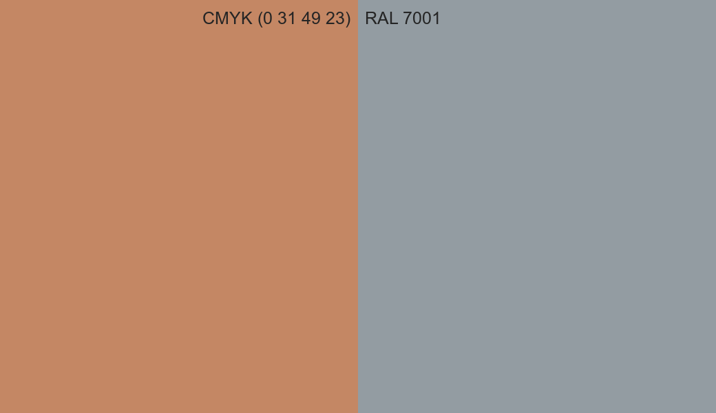 CMYK Color CMYK (0 31 49 23) vs RAL 7001 side by side comparison CMYK Color CMYK (0 31 49 23) vs RAL 7001 side by side comparison