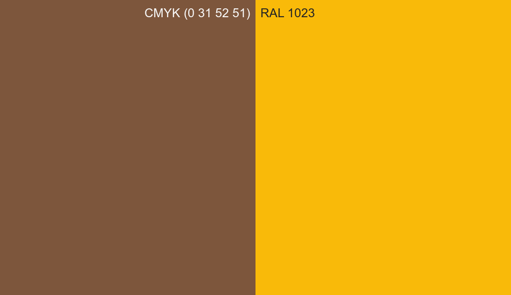 CMYK Color CMYK (0 31 52 51) vs RAL 1023 side by side comparison CMYK Color CMYK (0 31 52 51) vs RAL 1023 side by side comparison