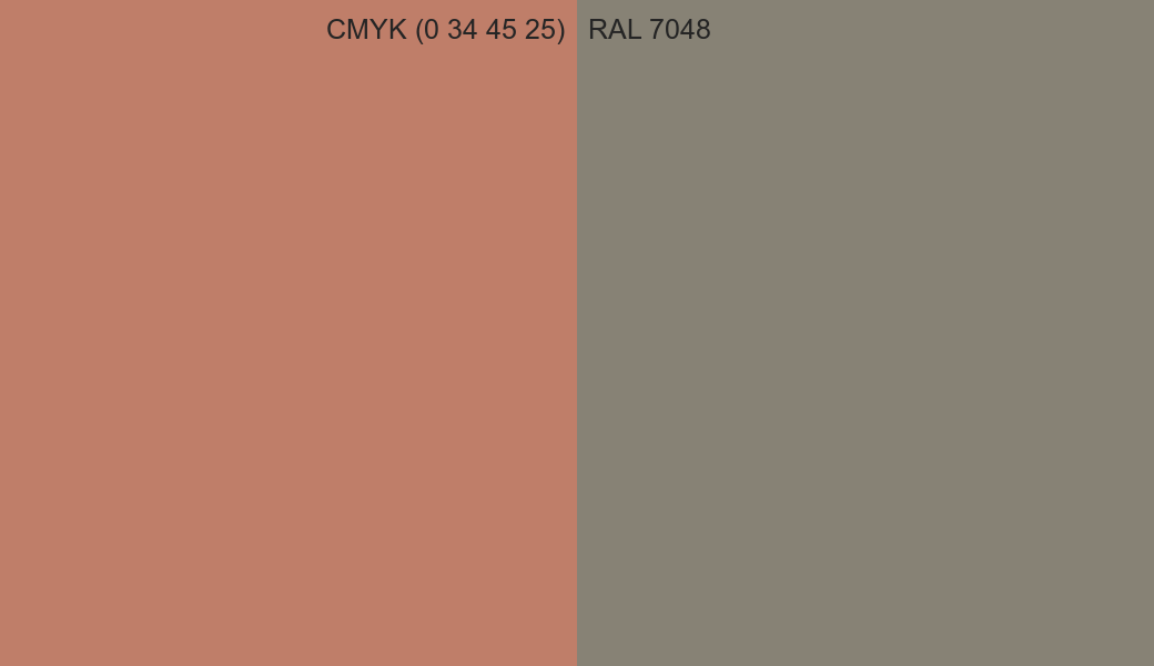 CMYK Color CMYK (0 34 45 25) vs RAL 7048 side by side comparison CMYK Color CMYK (0 34 45 25) vs RAL 7048 side by side comparison