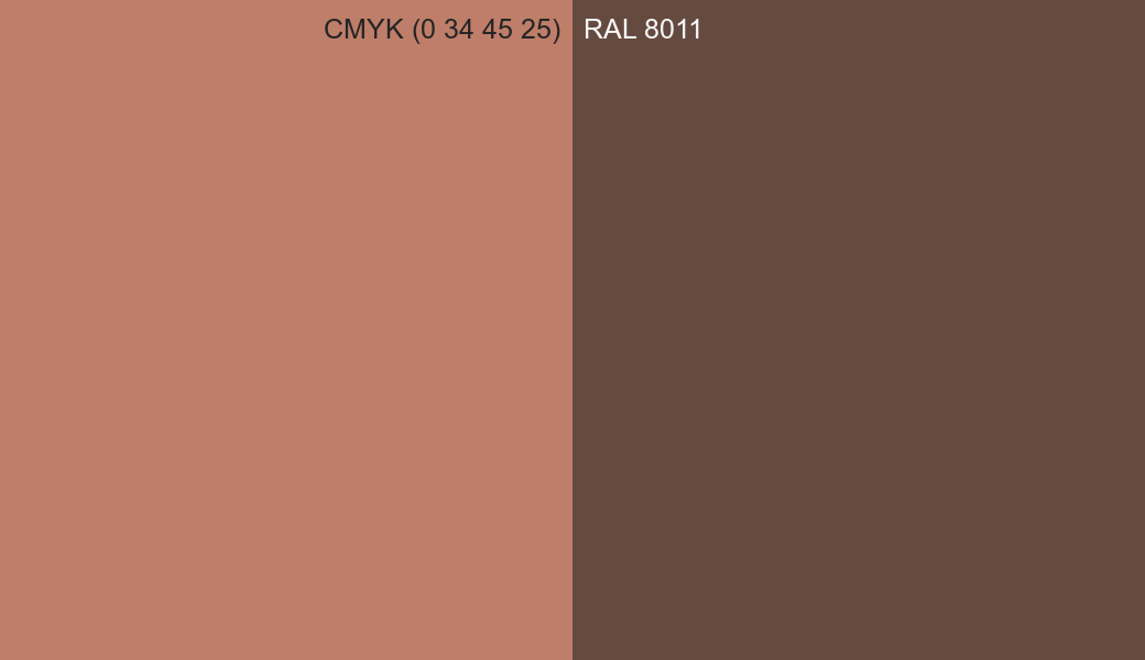 CMYK Color CMYK (0 34 45 25) vs RAL 8011 side by side comparison CMYK Color CMYK (0 34 45 25) vs RAL 8011 side by side comparison