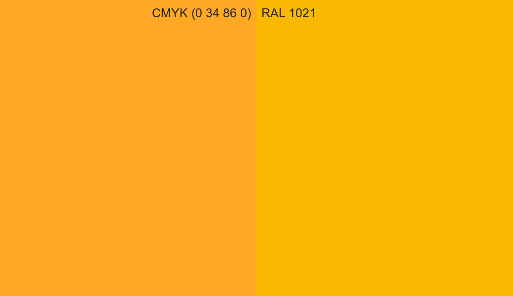 CMYK Color CMYK (0 34 86 0) vs RAL 1021 side by side comparison CMYK Color CMYK (0 34 86 0) vs RAL 1021 side by side comparison
