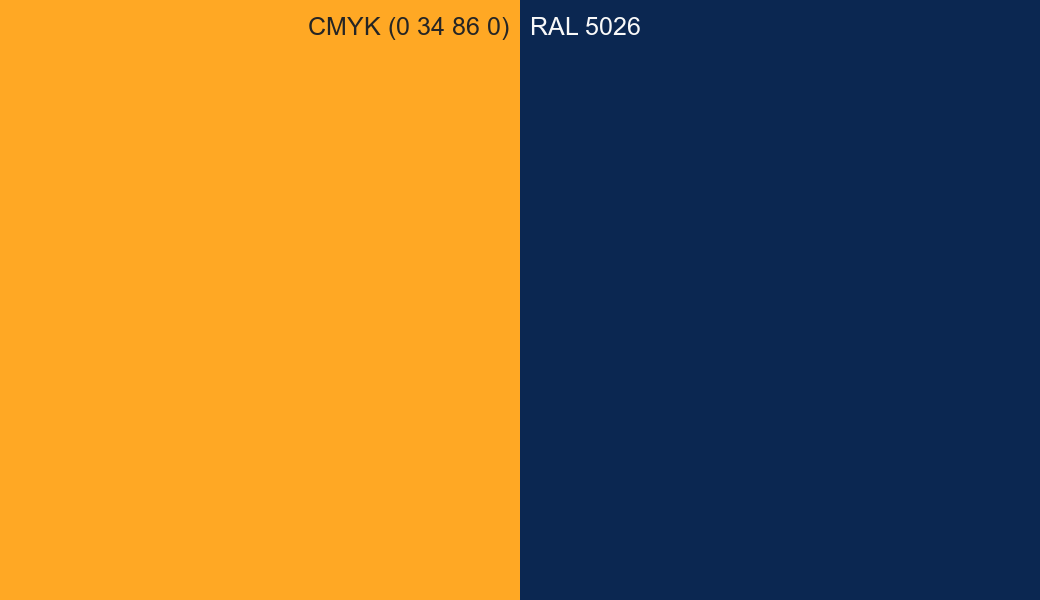 CMYK Color CMYK (0 34 86 0) vs RAL 5026 side by side comparison CMYK Color CMYK (0 34 86 0) vs RAL 5026 side by side comparison