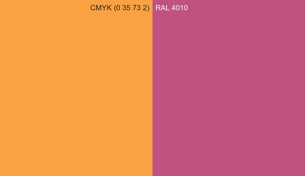 CMYK Color CMYK (0 35 73 2) vs RAL 4010 side by side comparison CMYK Color CMYK (0 35 73 2) vs RAL 4010 side by side comparison