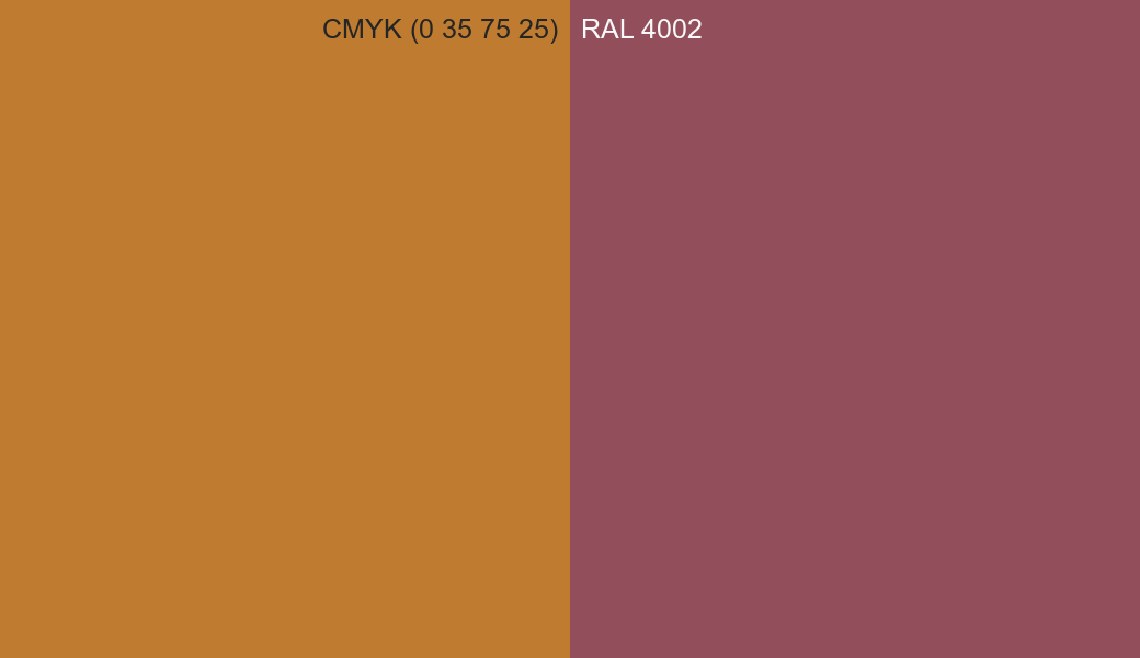 CMYK Color CMYK (0 35 75 25) vs RAL 4002 side by side comparison CMYK Color CMYK (0 35 75 25) vs RAL 4002 side by side comparison