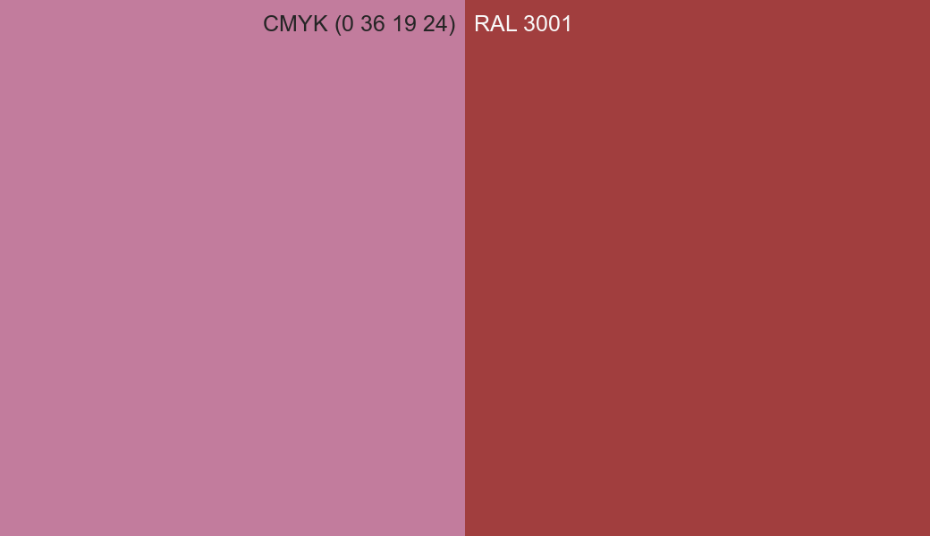 CMYK Color CMYK (0 36 19 24) vs RAL 3001 side by side comparison CMYK Color CMYK (0 36 19 24) vs RAL 3001 side by side comparison