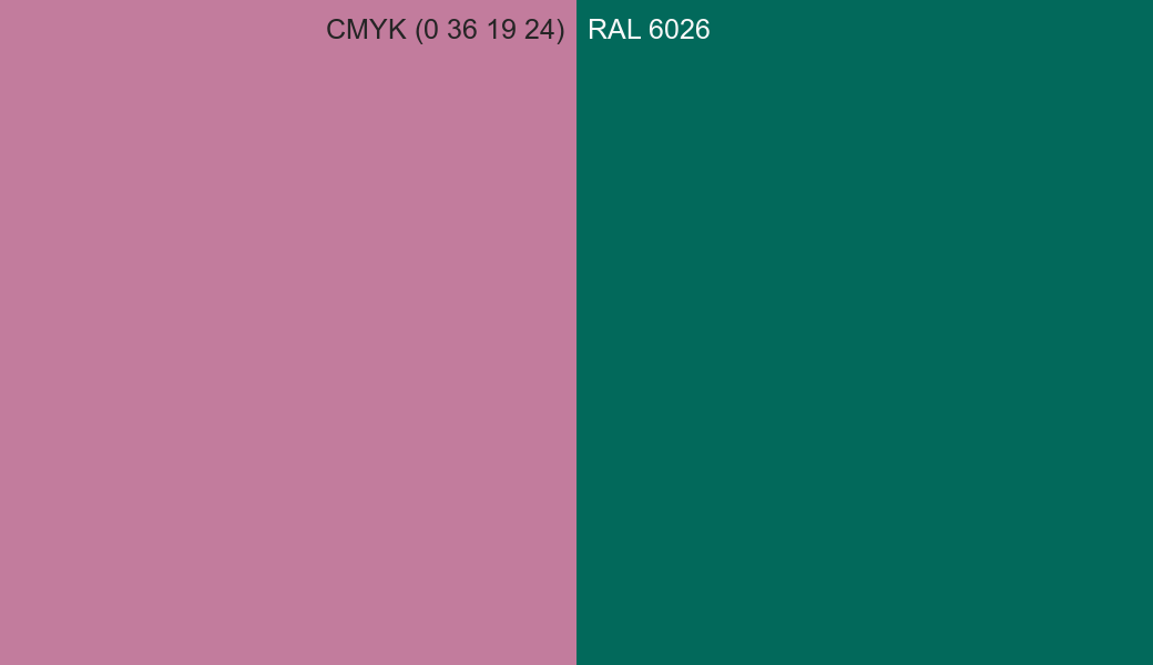 CMYK Color CMYK (0 36 19 24) vs RAL 6026 side by side comparison CMYK Color CMYK (0 36 19 24) vs RAL 6026 side by side comparison