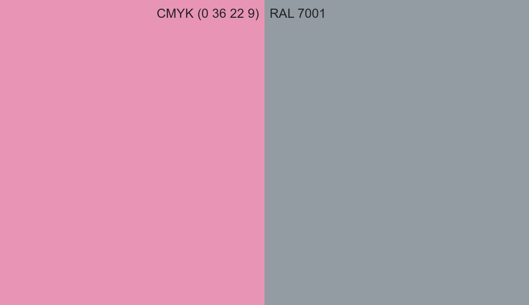 CMYK Color CMYK (0 36 22 9) vs RAL 7001 side by side comparison CMYK Color CMYK (0 36 22 9) vs RAL 7001 side by side comparison