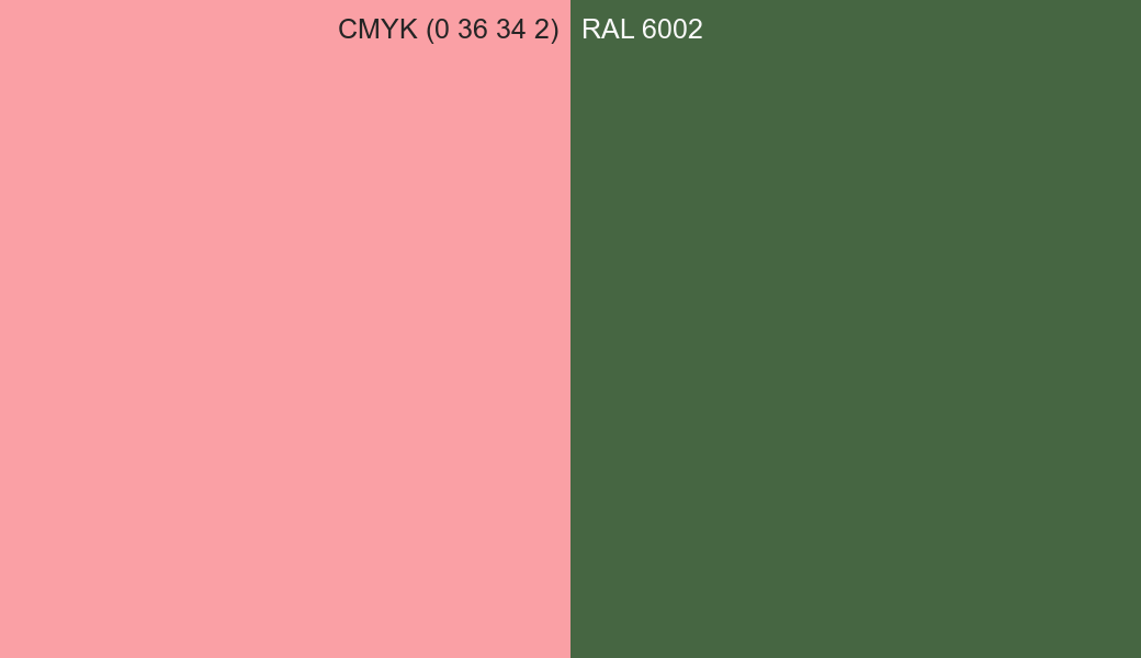 CMYK Color CMYK (0 36 34 2) vs RAL 6002 side by side comparison CMYK Color CMYK (0 36 34 2) vs RAL 6002 side by side comparison