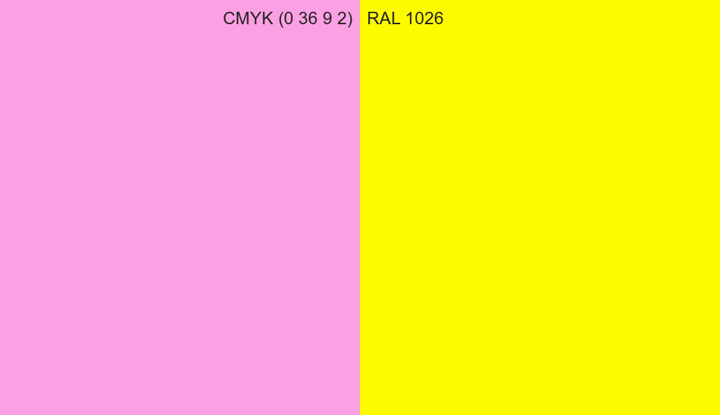 CMYK Color CMYK (0 36 9 2) vs RAL 1026 side by side comparison CMYK Color CMYK (0 36 9 2) vs RAL 1026 side by side comparison