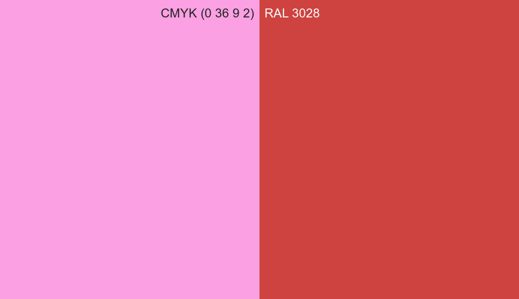 CMYK Color CMYK (0 36 9 2) vs RAL 3028 side by side comparison CMYK Color CMYK (0 36 9 2) vs RAL 3028 side by side comparison