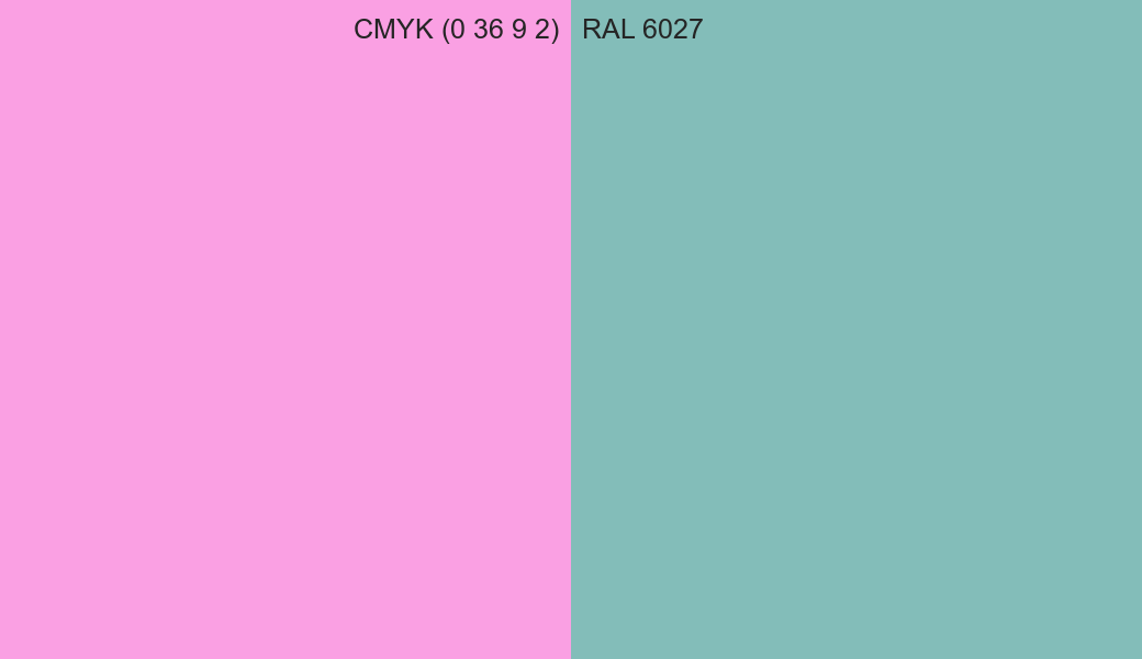 CMYK Color CMYK (0 36 9 2) vs RAL 6027 side by side comparison CMYK Color CMYK (0 36 9 2) vs RAL 6027 side by side comparison