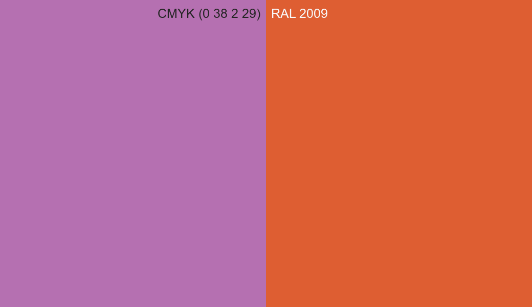 CMYK Color CMYK (0 38 2 29) vs RAL 2009 side by side comparison CMYK Color CMYK (0 38 2 29) vs RAL 2009 side by side comparison