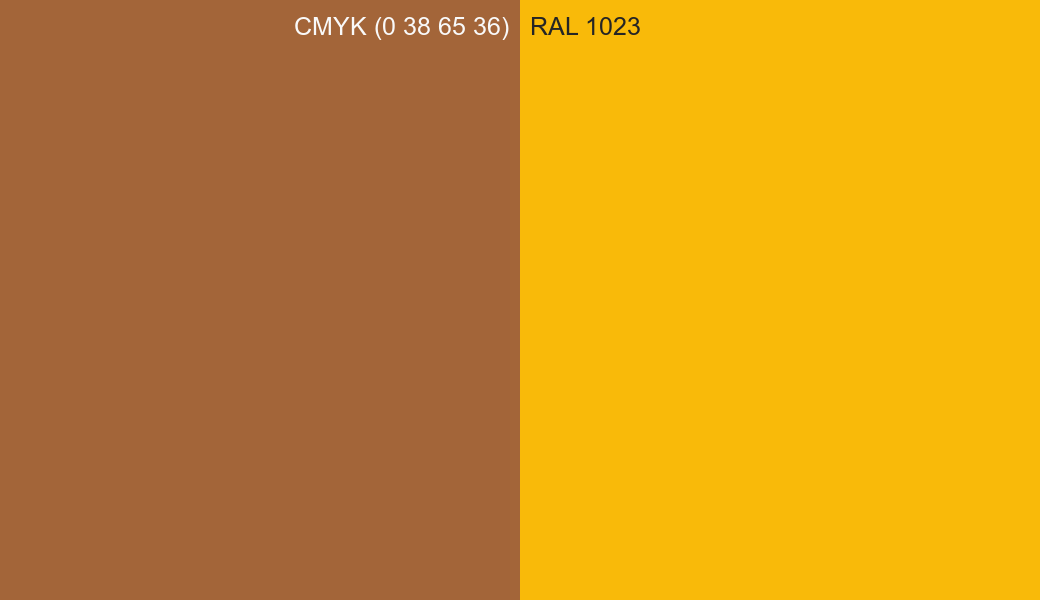 CMYK Color CMYK (0 38 65 36) vs RAL 1023 side by side comparison CMYK Color CMYK (0 38 65 36) vs RAL 1023 side by side comparison