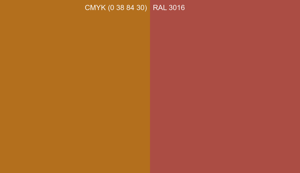 CMYK Color CMYK (0 38 84 30) vs RAL 3016 side by side comparison CMYK Color CMYK (0 38 84 30) vs RAL 3016 side by side comparison