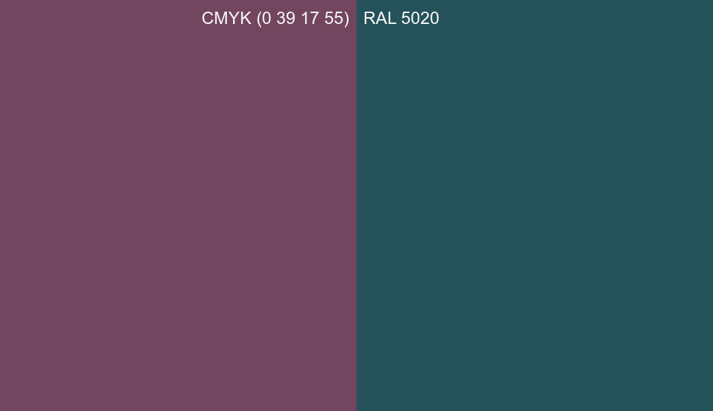 CMYK Color CMYK (0 39 17 55) vs RAL 5020 side by side comparison CMYK Color CMYK (0 39 17 55) vs RAL 5020 side by side comparison