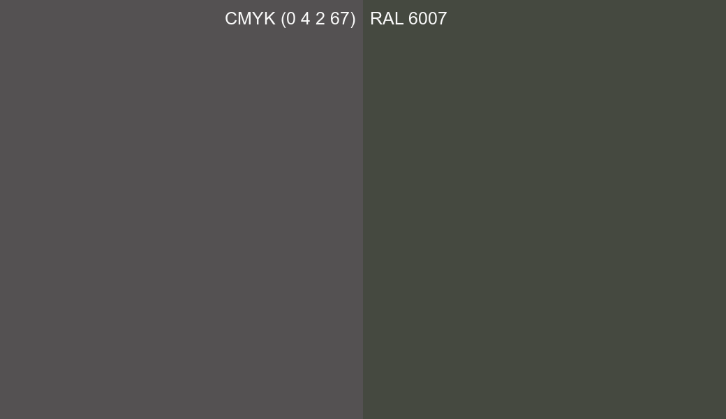 CMYK Color CMYK (0 4 2 67) vs RAL 6007 side by side comparison CMYK Color CMYK (0 4 2 67) vs RAL 6007 side by side comparison