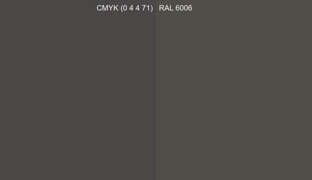 CMYK Color CMYK (0 4 4 71) vs RAL 6006 side by side comparison CMYK Color CMYK (0 4 4 71) vs RAL 6006 side by side comparison