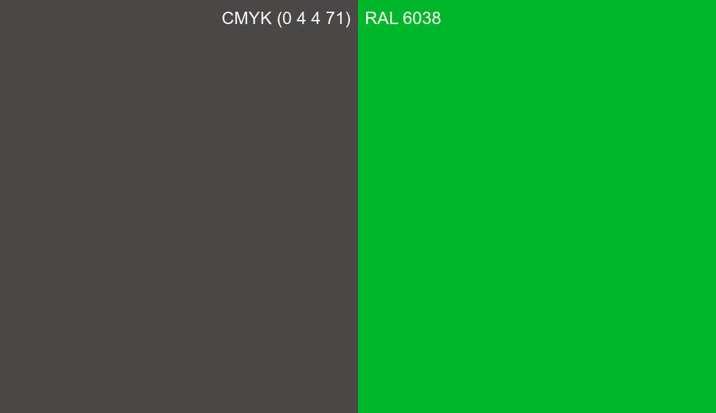 CMYK Color CMYK (0 4 4 71) vs RAL 6038 side by side comparison CMYK Color CMYK (0 4 4 71) vs RAL 6038 side by side comparison