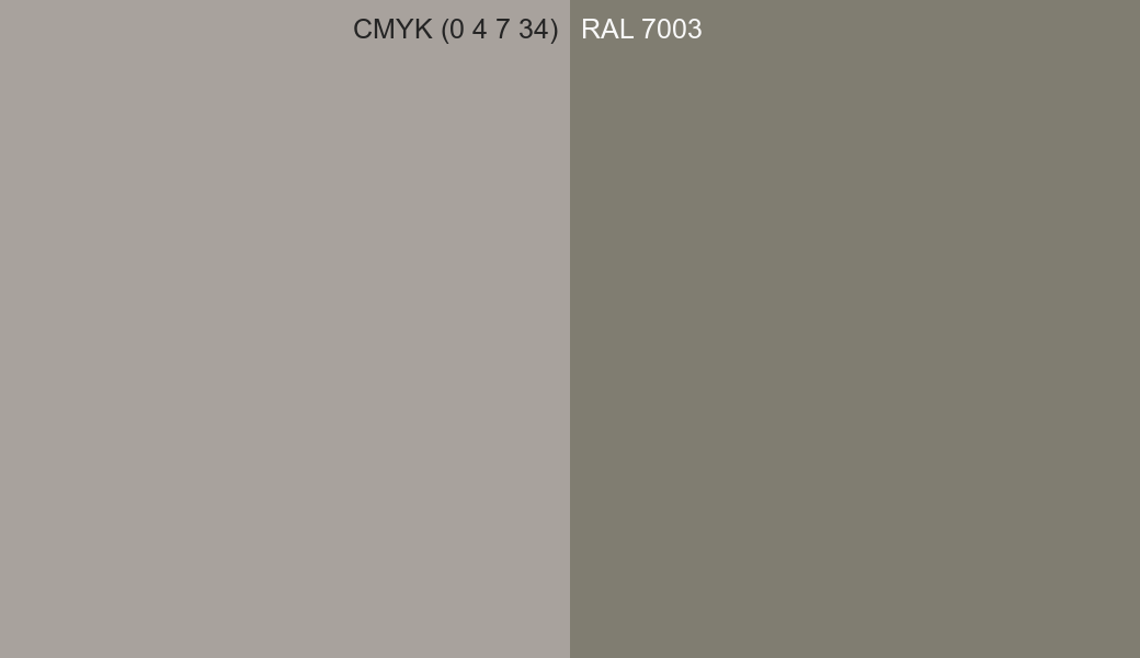 CMYK Color CMYK (0 4 7 34) vs RAL 7003 side by side comparison CMYK Color CMYK (0 4 7 34) vs RAL 7003 side by side comparison