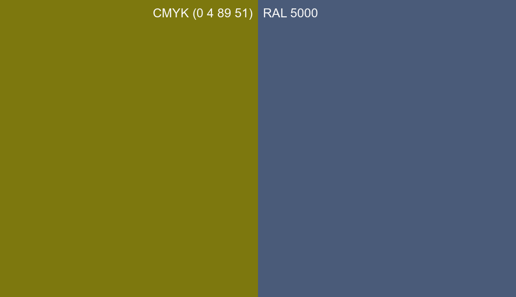 CMYK Color CMYK (0 4 89 51) vs RAL 5000 side by side comparison CMYK Color CMYK (0 4 89 51) vs RAL 5000 side by side comparison