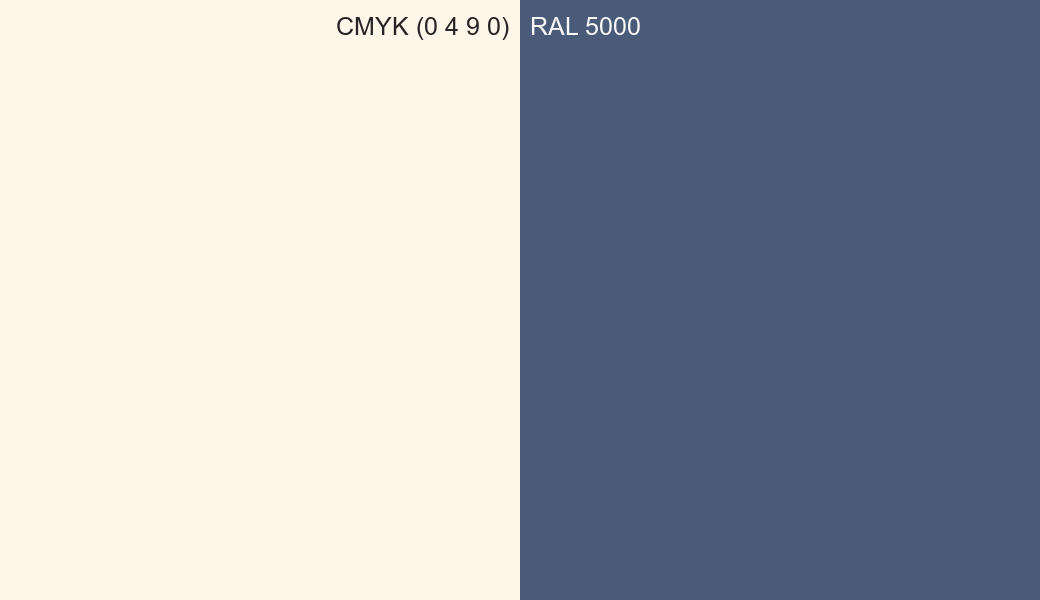 CMYK Color CMYK (0 4 9 0) vs RAL 5000 side by side comparison CMYK Color CMYK (0 4 9 0) vs RAL 5000 side by side comparison