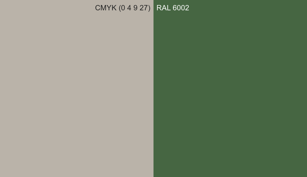 CMYK Color CMYK (0 4 9 27) vs RAL 6002 side by side comparison CMYK Color CMYK (0 4 9 27) vs RAL 6002 side by side comparison