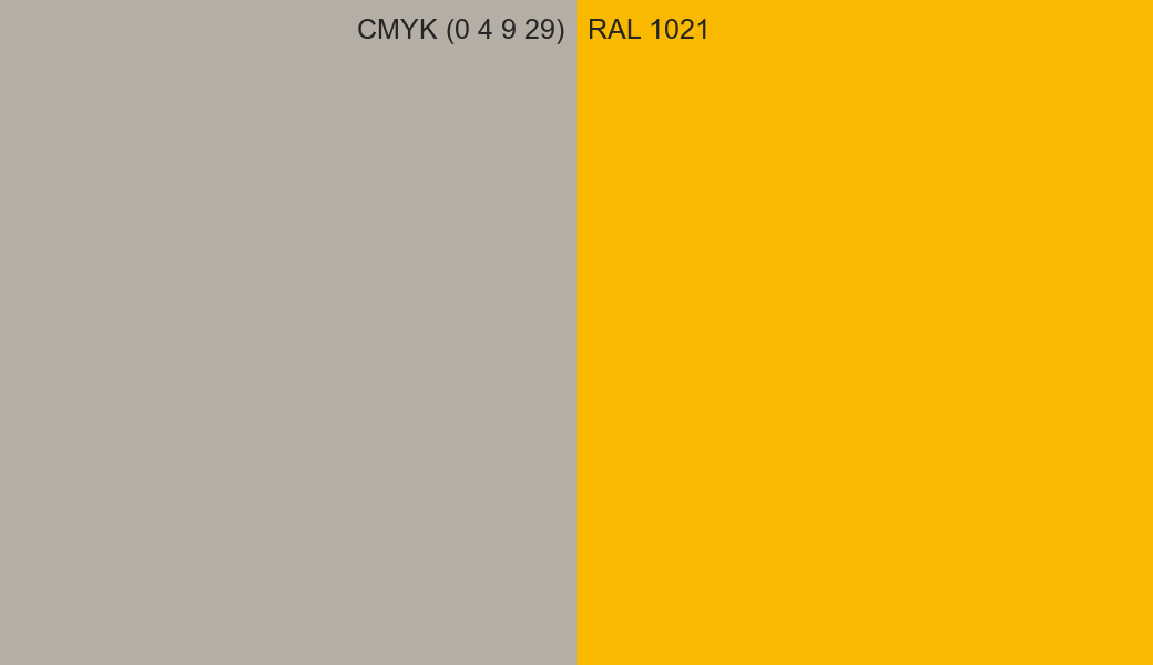 CMYK Color CMYK (0 4 9 29) vs RAL 1021 side by side comparison CMYK Color CMYK (0 4 9 29) vs RAL 1021 side by side comparison