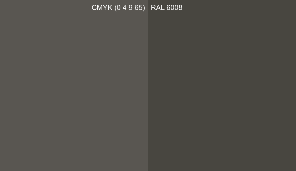 CMYK Color CMYK (0 4 9 65) vs RAL 6008 side by side comparison CMYK Color CMYK (0 4 9 65) vs RAL 6008 side by side comparison