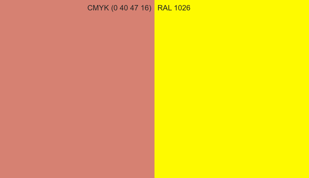 CMYK Color CMYK (0 40 47 16) vs RAL 1026 side by side comparison CMYK Color CMYK (0 40 47 16) vs RAL 1026 side by side comparison