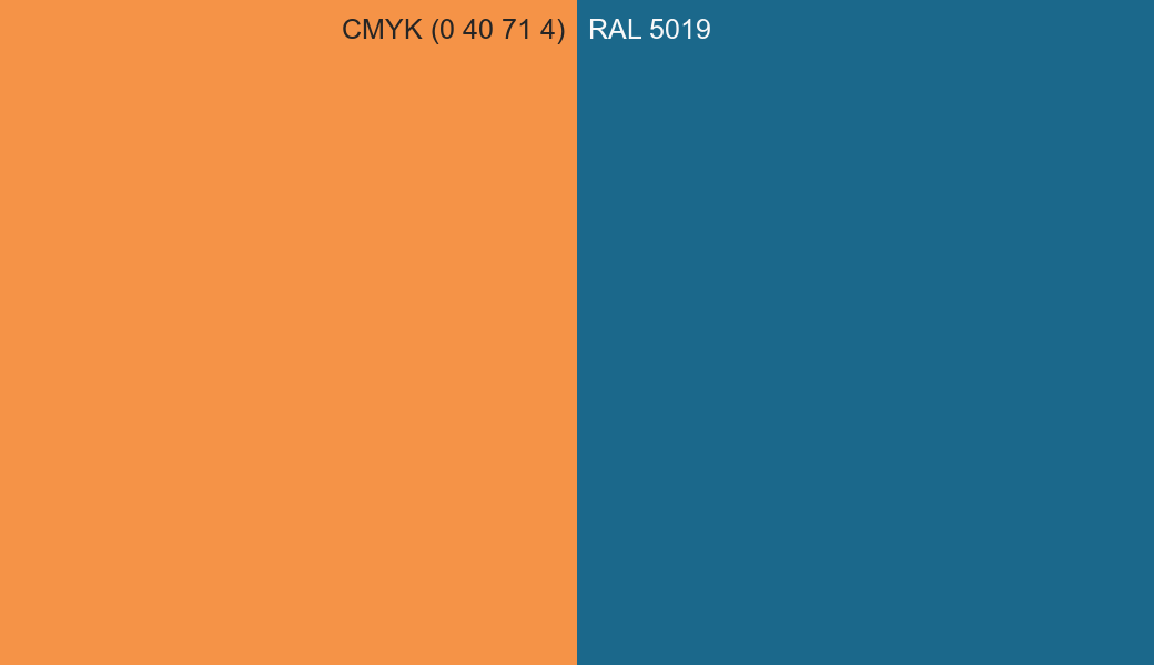 CMYK Color CMYK (0 40 71 4) vs RAL 5019 side by side comparison CMYK Color CMYK (0 40 71 4) vs RAL 5019 side by side comparison