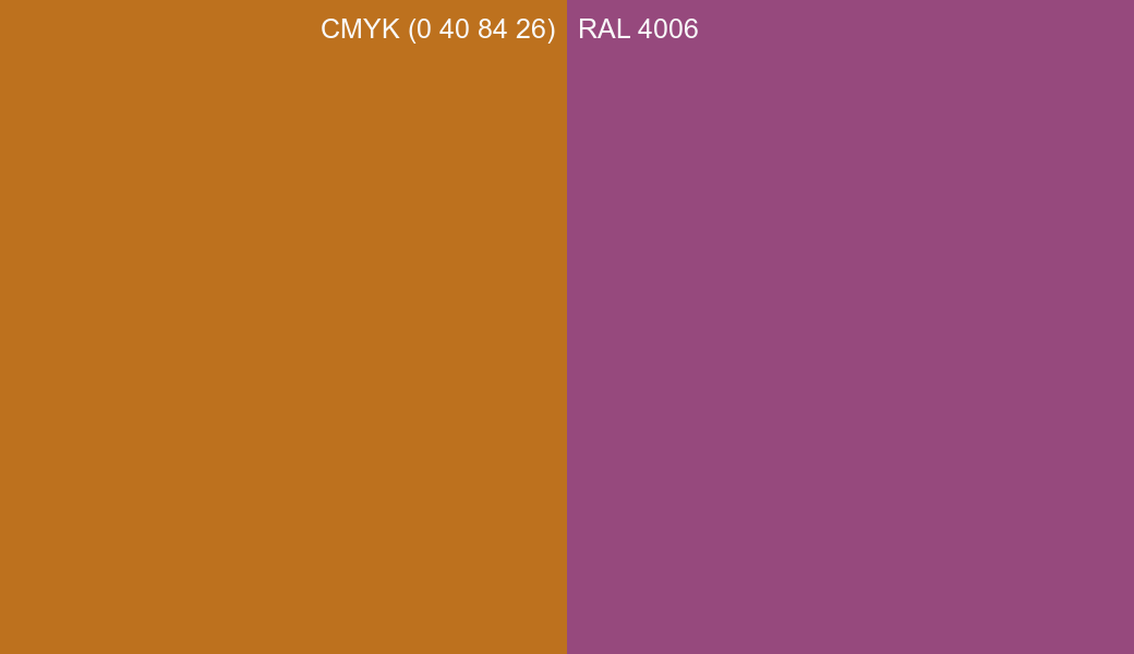 CMYK Color CMYK (0 40 84 26) vs RAL 4006 side by side comparison CMYK Color CMYK (0 40 84 26) vs RAL 4006 side by side comparison