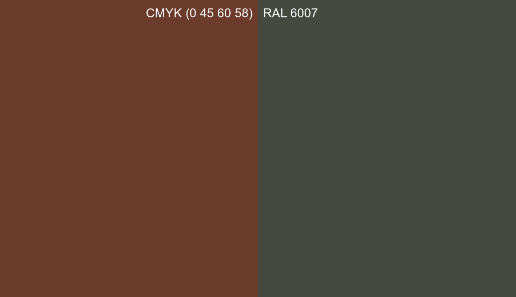 CMYK Color CMYK (0 45 60 58) vs RAL 6007 side by side comparison CMYK Color CMYK (0 45 60 58) vs RAL 6007 side by side comparison