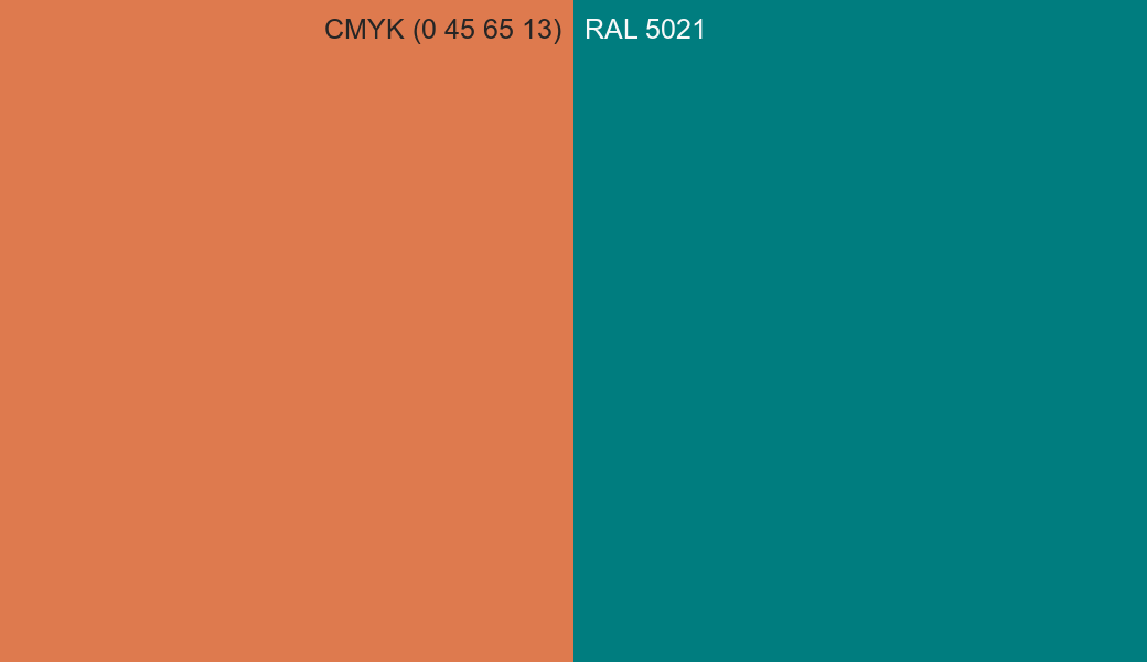 CMYK Color CMYK (0 45 65 13) vs RAL 5021 side by side comparison CMYK Color CMYK (0 45 65 13) vs RAL 5021 side by side comparison