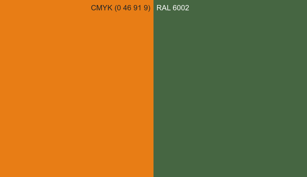 CMYK Color CMYK (0 46 91 9) vs RAL 6002 side by side comparison CMYK Color CMYK (0 46 91 9) vs RAL 6002 side by side comparison