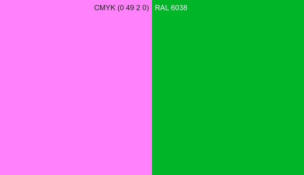 CMYK Color CMYK (0 49 2 0) vs RAL 6038 side by side comparison CMYK Color CMYK (0 49 2 0) vs RAL 6038 side by side comparison