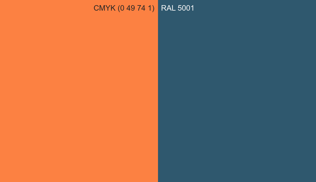 CMYK Color CMYK (0 49 74 1) vs RAL 5001 side by side comparison CMYK Color CMYK (0 49 74 1) vs RAL 5001 side by side comparison
