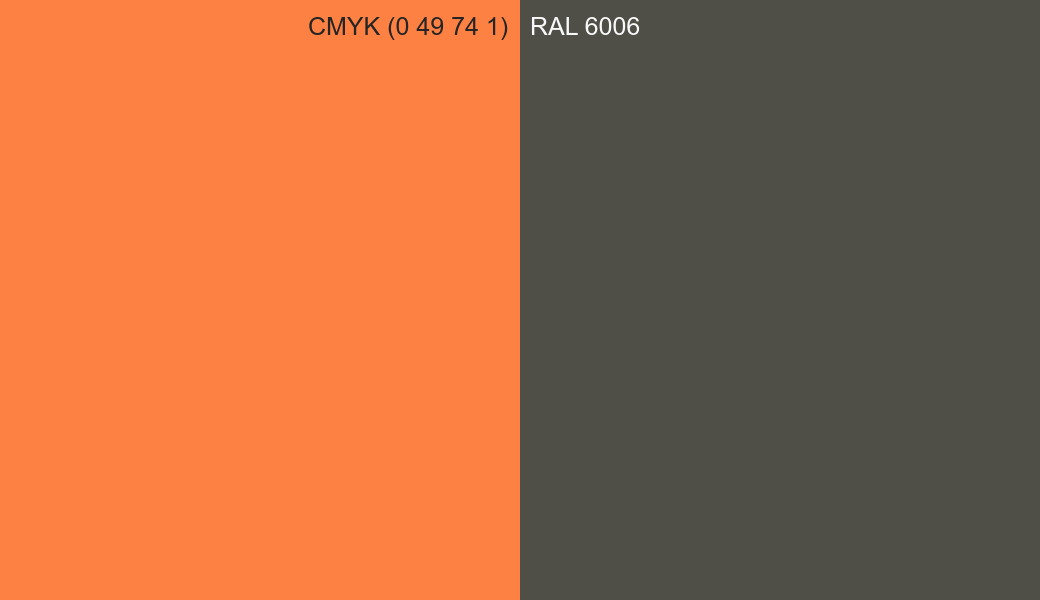 CMYK Color CMYK (0 49 74 1) vs RAL 6006 side by side comparison CMYK Color CMYK (0 49 74 1) vs RAL 6006 side by side comparison
