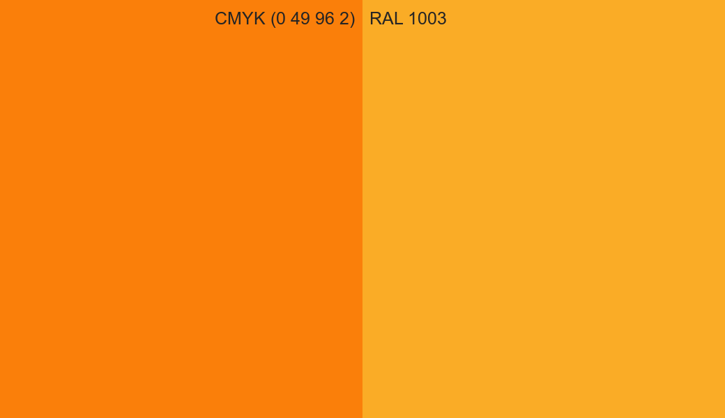CMYK Color CMYK (0 49 96 2) vs RAL 1003 side by side comparison CMYK Color CMYK (0 49 96 2) vs RAL 1003 side by side comparison