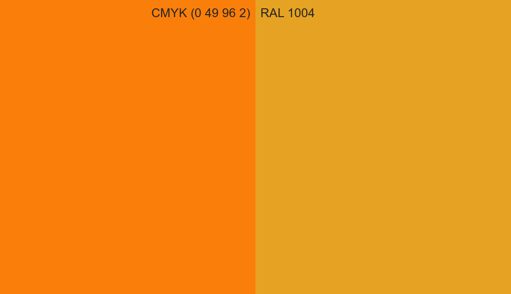 CMYK Color CMYK (0 49 96 2) vs RAL 1004 side by side comparison CMYK Color CMYK (0 49 96 2) vs RAL 1004 side by side comparison