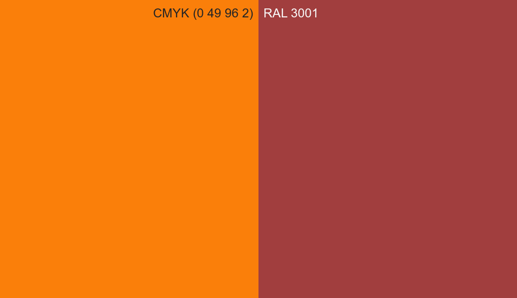 CMYK Color CMYK (0 49 96 2) vs RAL 3001 side by side comparison CMYK Color CMYK (0 49 96 2) vs RAL 3001 side by side comparison