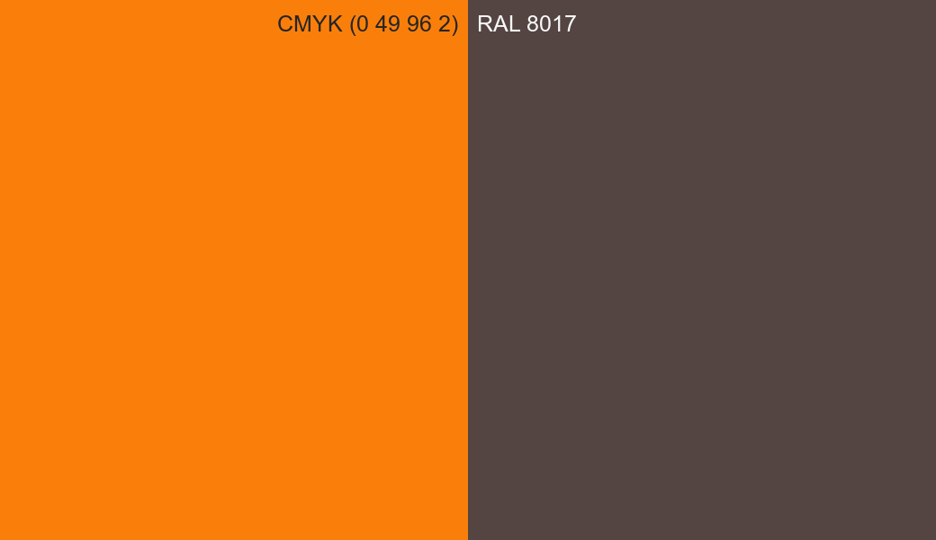 CMYK Color CMYK (0 49 96 2) vs RAL 8017 side by side comparison CMYK Color CMYK (0 49 96 2) vs RAL 8017 side by side comparison