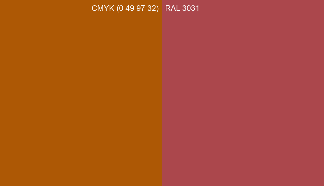 CMYK Color CMYK (0 49 97 32) vs RAL 3031 side by side comparison CMYK Color CMYK (0 49 97 32) vs RAL 3031 side by side comparison