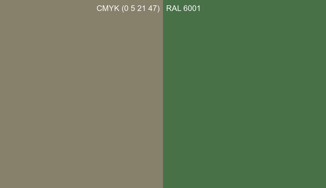 CMYK Color CMYK (0 5 21 47) vs RAL 6001 side by side comparison CMYK Color CMYK (0 5 21 47) vs RAL 6001 side by side comparison