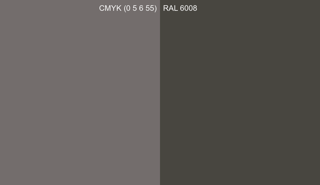 CMYK Color CMYK (0 5 6 55) vs RAL 6008 side by side comparison CMYK Color CMYK (0 5 6 55) vs RAL 6008 side by side comparison