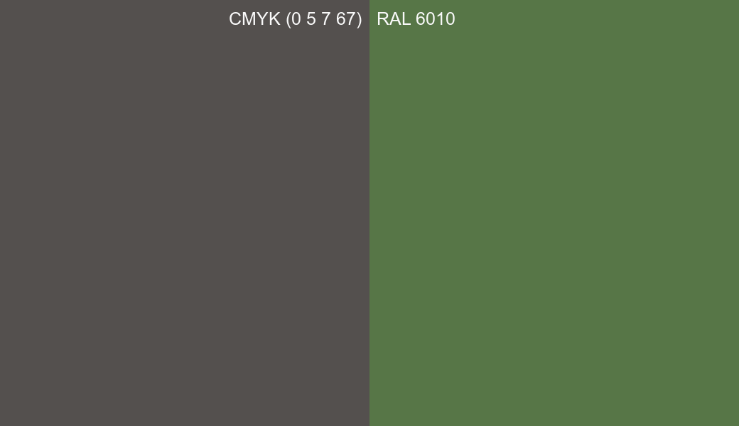 CMYK Color CMYK (0 5 7 67) vs RAL 6010 side by side comparison CMYK Color CMYK (0 5 7 67) vs RAL 6010 side by side comparison