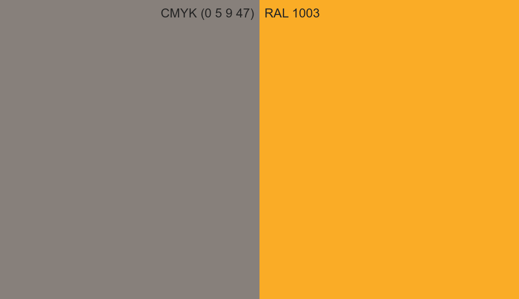 CMYK Color CMYK (0 5 9 47) vs RAL 1003 side by side comparison CMYK Color CMYK (0 5 9 47) vs RAL 1003 side by side comparison