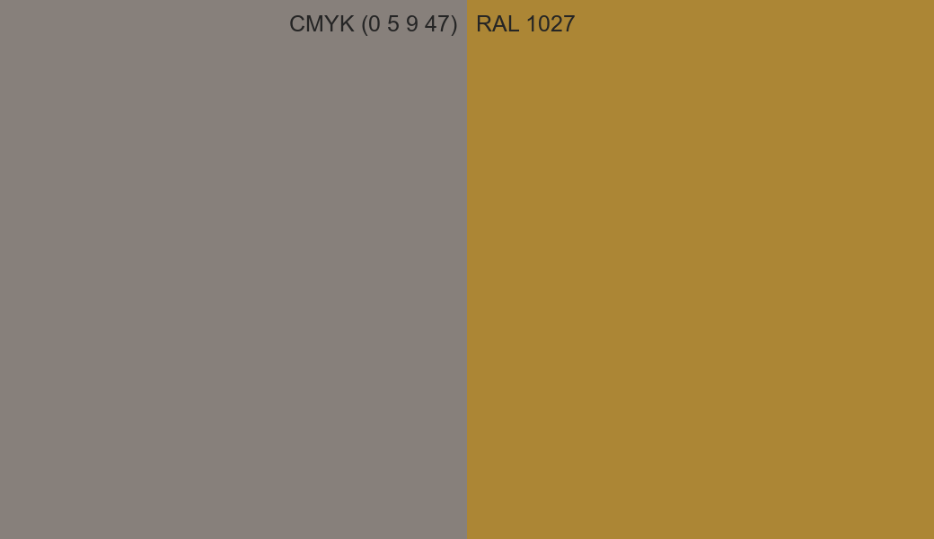CMYK Color CMYK (0 5 9 47) vs RAL 1027 side by side comparison CMYK Color CMYK (0 5 9 47) vs RAL 1027 side by side comparison